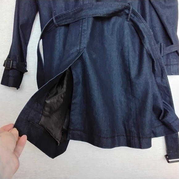 Focus 2000 Dark Blue Jean Size 12 Vintage Duster Length Coat Belted - Picture 5 of 12
